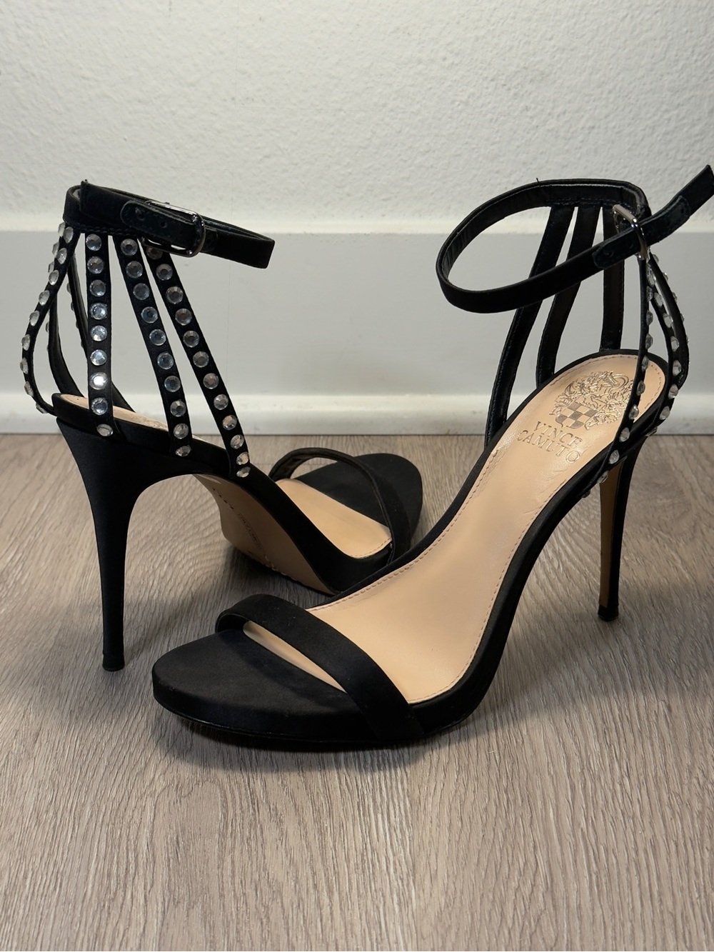 Vince Camuto Black Crystal-Embellished Ankle-Strap Stiletto Sandals